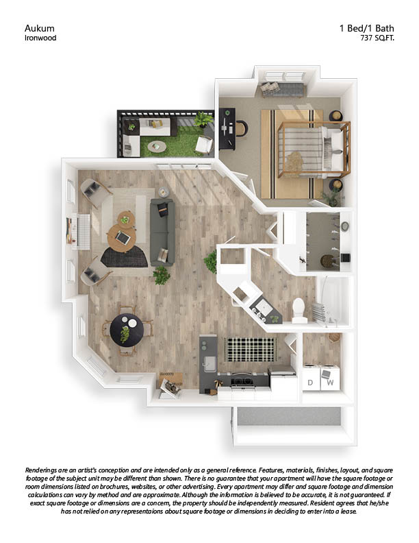 Floor plan for 1 bed, 1 bath, 737 sqft